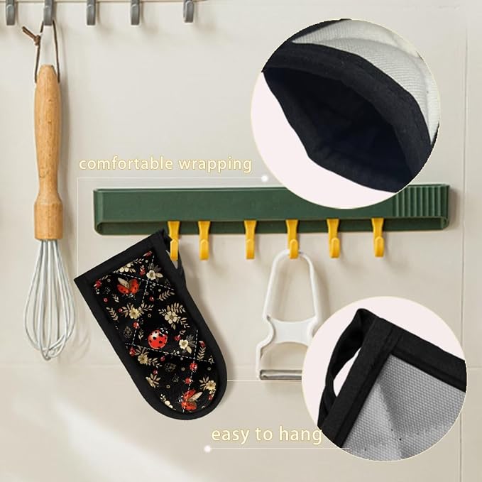 Coldinair Ladybug Floral Hot Handle Holder Heat Protecting Polyester Handle Cast Iron Skillets 2Pcs Cast Iron Skillet Handle Cover for Kitchen