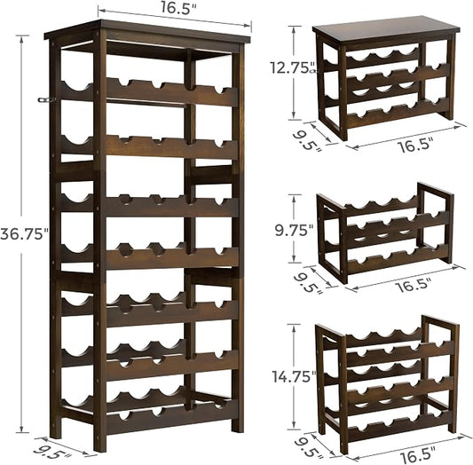 28-Bottle Wine Rack Free Standing Floor, Solid Wood 7-Tier Display Wine Storage Shelves with Tabletop, Wobble-Free Bottle Holder for Cellar Kitchen Bar Dining Room Living Room, Walnut