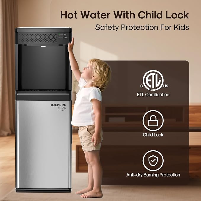 ICEPURE 4-in-1 Bottom Loading Water Cooler Dispenser with Built-in Ice Maker, Fits 3 & 5 Gallon Bottles, Hot & Cold Water with Child Lock, 33 lbs Daily Output for Home and Office