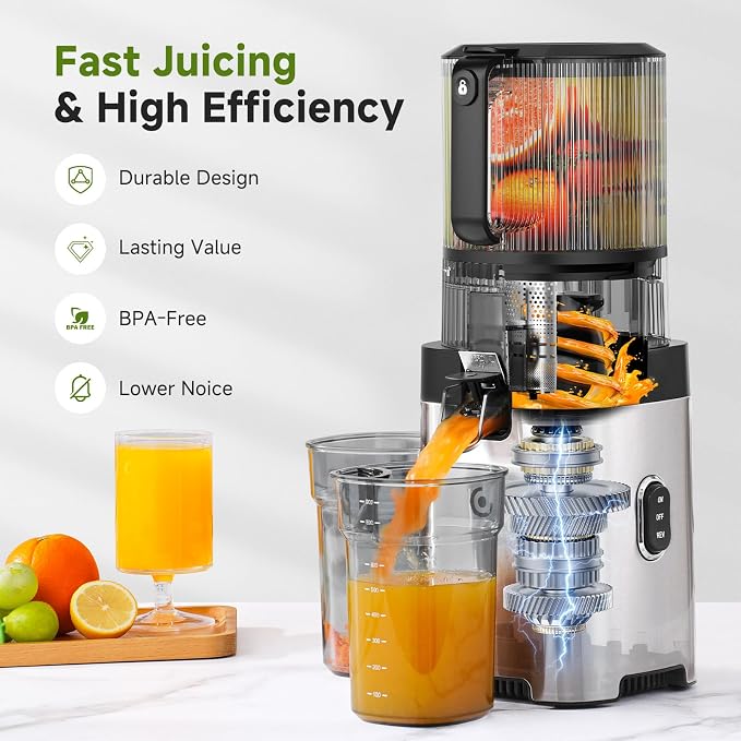 AMZCHEF Cold Press Juicer, 6.5" Whole Fruit Self-Feeding Slow Juicer | 3-in-1 Juicer Machine for Juice, Nut Milk & Sorbet, 90oz Large Capacity, Easy to Clean Design, Triple Strainers, Large Auger