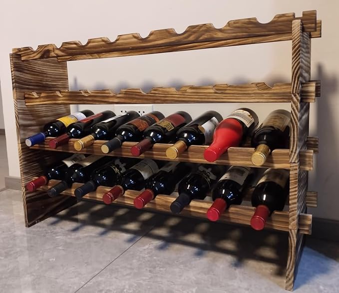 32-Bottle 4-Tier Stackable Wine Rack – Freestanding Carbonized Pine Organizer for Home Bar, Kitchen, Countertop, Modular DIY Design