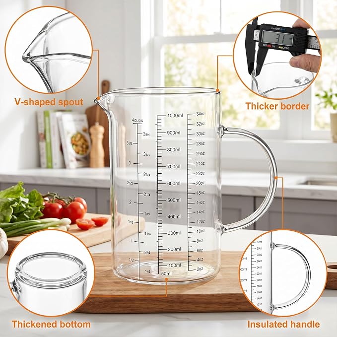 Graduated Glass Measuring Cup With Handle 1000ML (32Oz, 4Cups) | High Borosilicate Liquid Measuring Cup for Baking Cooking Kitchen V-Shaped Spout Glass Measuring Beaker Easy To Read