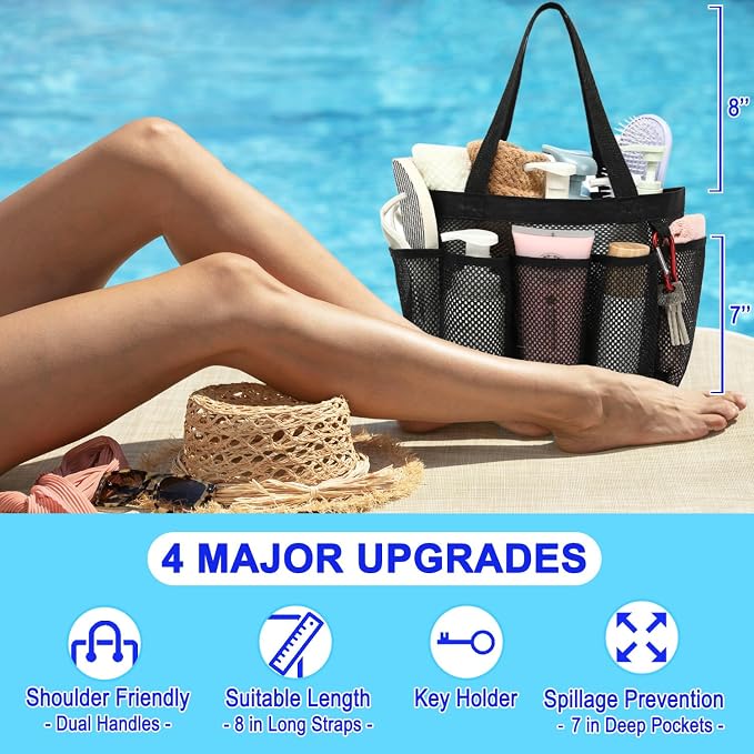 Fammart Mesh Shower Caddy Portable for College Dorm Room Essentials, Odorless Polyester Large Shower Tote Bag with Dual Handles, 8-Pocket Quick-Dry Toiletry Organizer for Travel, Beach, Camping, Gym