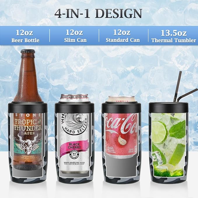 MAXSO Slim Can Cooler, 4-in-1 Double Walled Stainless Steel Insulated Beer Can Holder, Works With All 12 Oz Cans,Bottles & As A Pint Cups - Camouflage