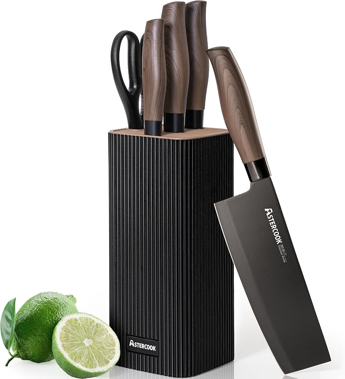 Astercook Knife Set, 6-Piece Kitchen Knife Set with Block, High Carbon Stainless Steel Ultra Sharp Kitchen Knives, Wood Grain Handle, Dishwasher Safe Knife Block Set, Black, Kitchen Utility Knives