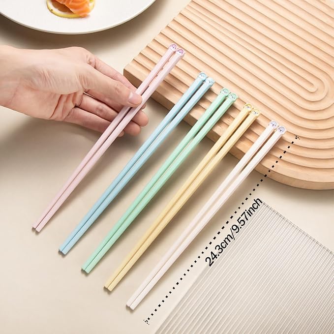 Cute Bear 5 Pairs Dishwasher Safe Fiberglass Chopsticks Reusable, Non-slip | Premium Lightweight Japanese Chinese Korean for Sushi Ramen 25.1cm/9.88inch, Food-Grade, BPA-Free, Durable, Heat-Resistant