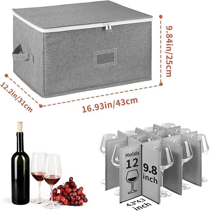 Wine Glass Storage Box Holds 12 - Stackable Hard Shell Organizer with Adjustable Dividers for Champagne Flutes & Crystal, Label Window, Durable Protector Case