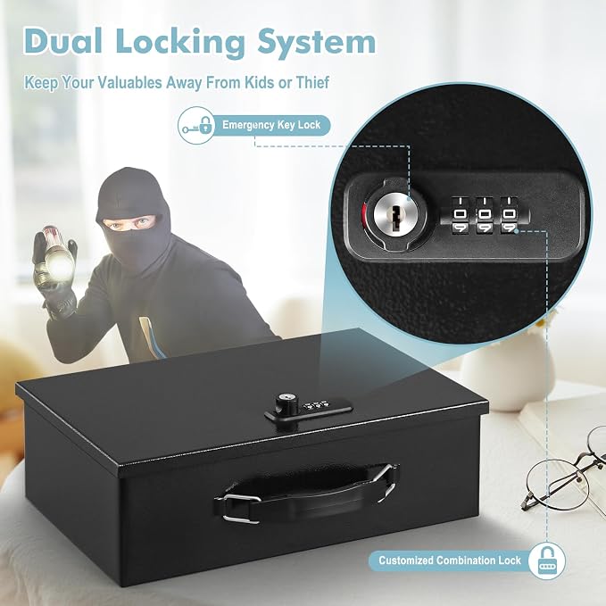 KYODOLED Fireproof Lock Box for Documents, Dual Combination and Key Lock Security with Carrying Handle, Metal Strong Safe Box to Keep Personal Items,Documents, Exterior 12.6" x 8.3" x 3.58", Black