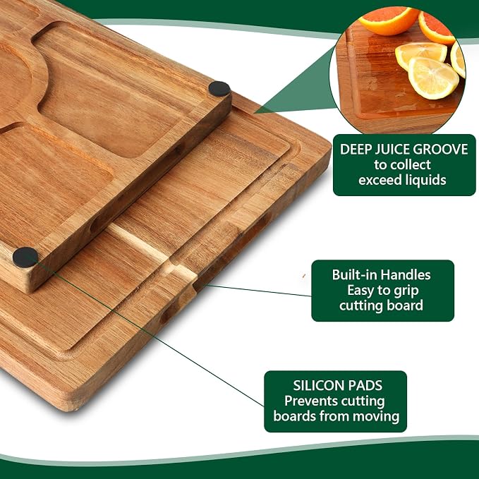 3 PCS Acacia Wood Cutting Boards for Kitchen With Wooden Storage Stand | Thick Chopping Boards, Deep Juice Grooves, Grip Handle, Non-slip Heavy Duty Charcuterie Board for Meat, Cheese and Vegetables