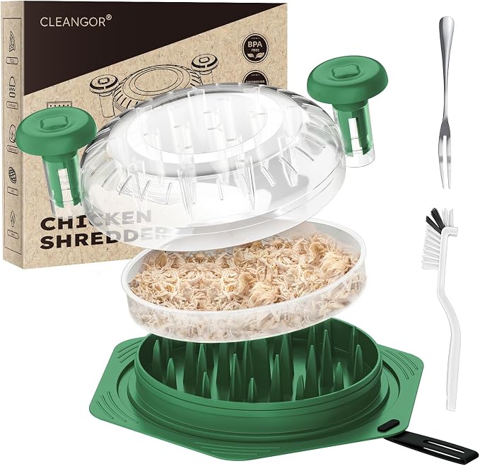 CLEANGOR Chicken Shredder Tool Twist Large, BPA Free Meat Shredder | with Ergonomic Handle, Non-Slip Food Shredder Tool for Pork, Beef, Set of Chicken Breast Shredder with Brush & Fork