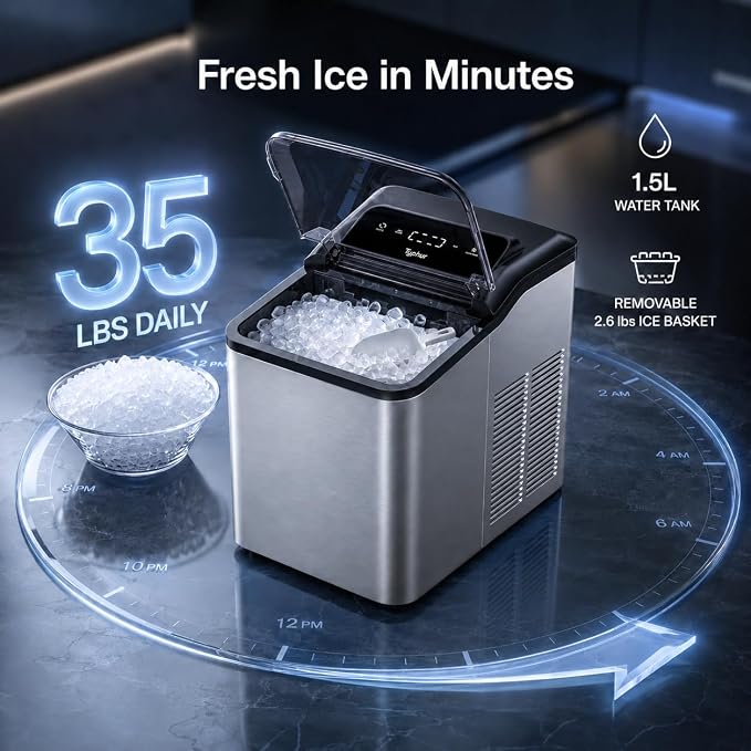 Typhur Fast Nugget Ice Maker, 35lbs/24H Pebble Chewable Ice Machine Countertop, Powerful Self-Cleaning Pump with 8-Pack Cleaner, Stainless Steel, Dual Ice Scoops for Camping, Home, RV