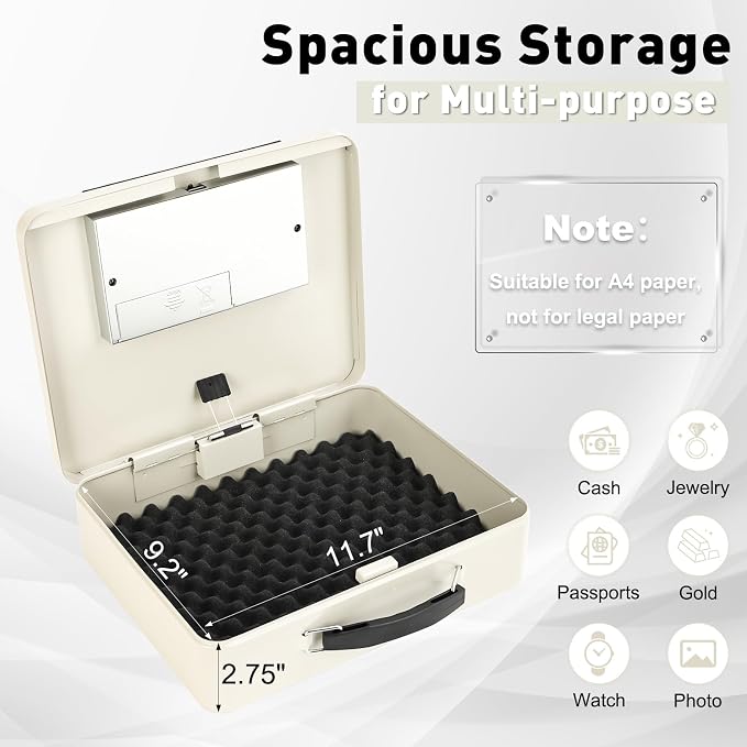 KYODOLED Off-White Safe Box with Digital Keypad Lock, Lock Box with Code for Personal Items, Metal Security Box for Cash, Passport, Ideal for Home, Office, Garage Sale, 11.8'' x 9.4'' x 3.5''