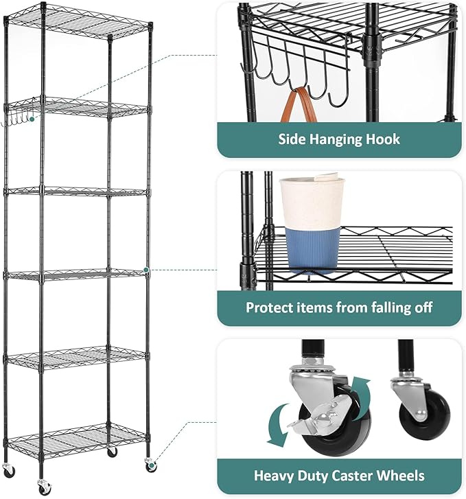 Himimi 6-Tier Storage Shelf Units, Adjustable Wire Shelving with Wheels, Metal Shelves with Stainless Side Hooks, Free Standing Shelving for Laundry Bathroom Kitchen Pantry Closet, Black