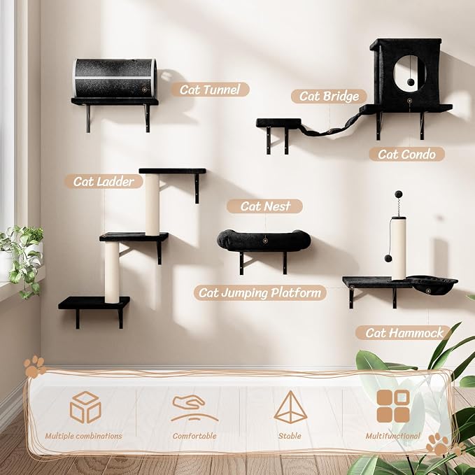 NUNU LAB 7-in-1 Cat Wall Shelves, Wall Mounted Cat Climber Set, Cat Furniture with House, Tunnel, Bridge, Steps, Scratcher, Hammock, Shelves for Indoor, Black