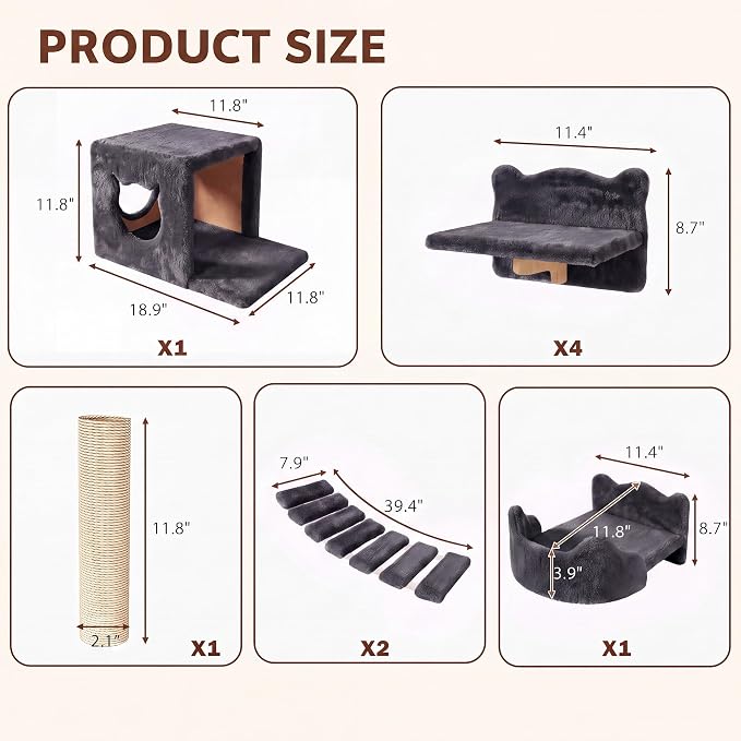 9-in-1 Cat Wall Shelves, Cat Wall Furniture Set with Bridge, Grey | Wall Mounted Cats Shelf for Space-Saving, Multi-Level Cat Climbing Systems for 16 Inch Drywall, with Scratching Posts, Condos