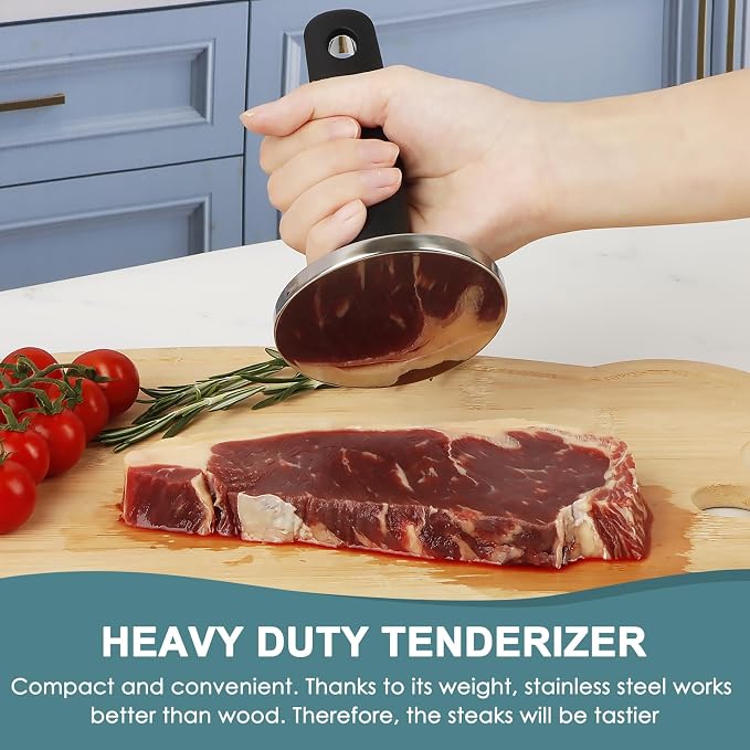 Meat Pounder Tenderizer, Stainless Steel Kitchen Meat Tenderizer Hammer, Round Chicken Flattener Tool with Comfortable-Grip Rubber Handle for Flattening Cutlets and Tenderizing Meat