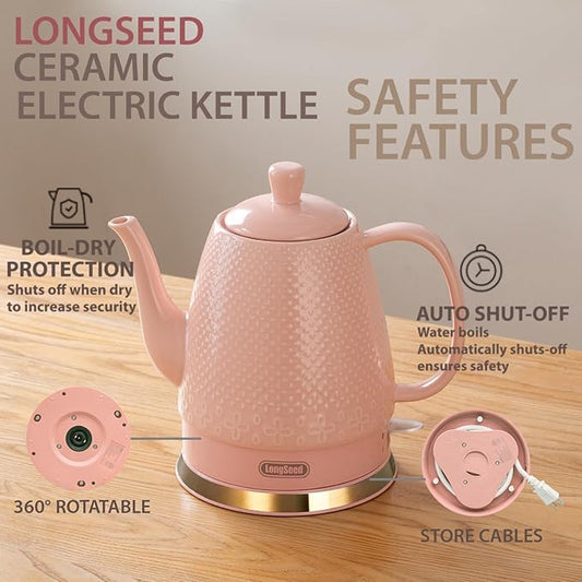 1.2 Liters Ceramic Electric Kettle Pot, Boil Water Quickly and Easily with Boil-Dry Protection, Auto Shut Off, Detachable Swivel Base, Graceful Gooseneck Teapot 1000W, Pink
