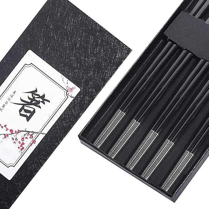 Metal Chopsticks Reusable Black Titanium Plated Stainless Steel Chopstick Dishwasher Safe Chop Sticks Japanese Korean Square Chopsticks 9.5Inches Non-Slip for Beginners Food Cooking 5 pairs Gift Set