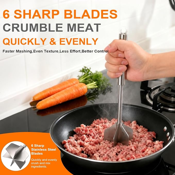 Palksky Meat Masher, 11 Inch Stainless Steel Ground Beef Masher with 6-Blade Head, Heavy Duty Meat Chopper for Ground Beef, Hamburger Smasher Tool for Potatoes, Chicken and Meal Prep