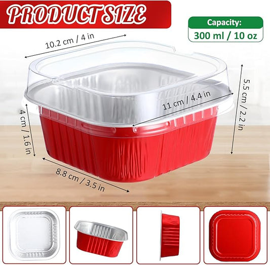 Aoriher 150 Pieces 10 oz Mini Cake Pans with Lids Aluminum Foil Baking Cups Square Disposable 4 x 4 Large Cupcake Cups Baking Tins for Kitchen Brownie Pudding Desserts Holder(Red,Christmas Green)