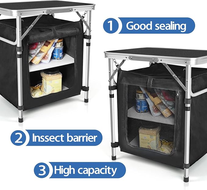 CampLand Folding Cooking Table Outdoor Portable Cook Station Aluminum Camping Kitchen with Storage Organizer, Windscreen, Hooks for BBQ, Party (SamllBlack)