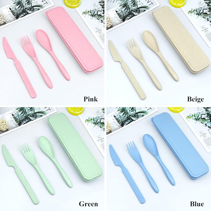 DISSKNIC 4 Sets Portable Utensils Set with Case, Travel Utensils Fork and Spoon Set for Lunch Box Accessories, Reusable Lunch Utensils Set for Work, Travel Accessories Camping Utensil Set and Home Use