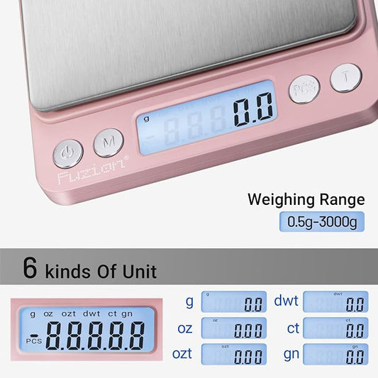 Fuzion Small Gram Scale 3000g, Digital Kitchen Food Scale, Gram and Ounce | 0.1g Accuracy, 6 Modes, 2 Trays Included, Tare Function, Piece Counting, For Food, Coffee, Cooking, Herb, Reptiles, Coins