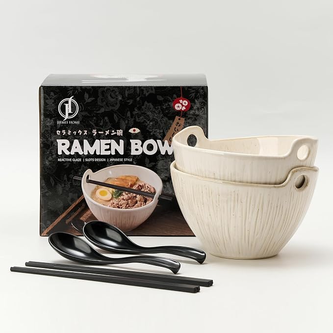 Ramen Bowl with Chopsticks and Spoons Set, 7 Inch Ceramic Noodle Bowl Set of 2, Donburi Bowl Dishwasher Safe for Pho Udon Soba Noodle Salad Pasta, Special Aged Ivory Speckle Bowls Set