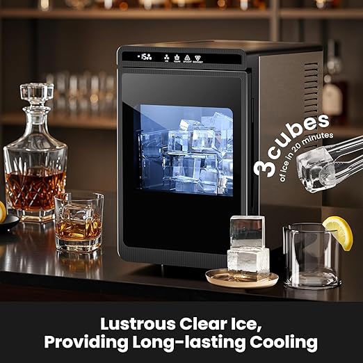 Kismile Clear Ice Cube Maker, 1.6" Square Ice Cubes,3 Pcs in 20 Mins, 155pcs/Day, 24H Timer, Self-Cleaning, Ice Maker Countertop with 5 Ice Sizes, for Whiskey, Cocktails & Bourbon