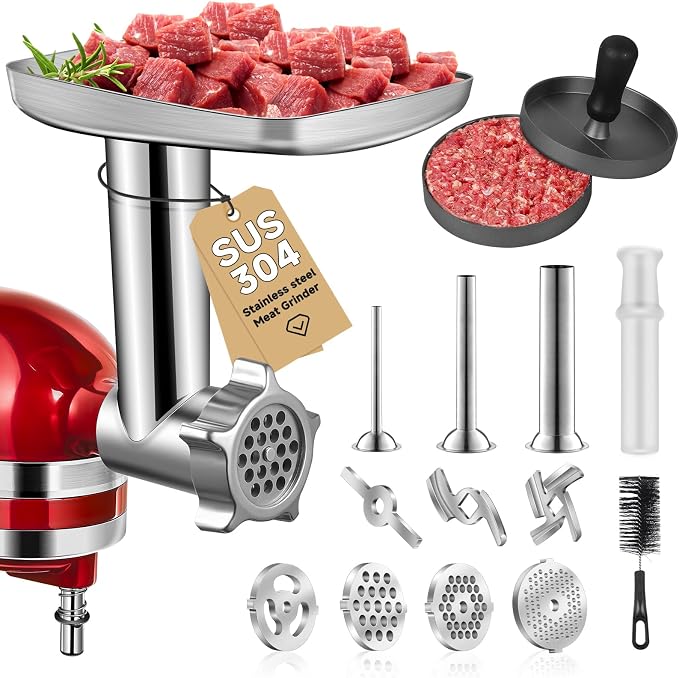 Meat Grinder Attachment for Kitchen Aid Stand Mixer, Food Attachment Included 4 Grinding Plates, 3 Sausage Stuffer Tubes & Holder, 2 Grinding Blades, Burger Press, Dishwasher Safe, Stainless Steel