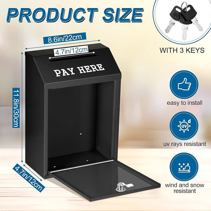 Yaocom Safe Metal Cash Box for Farm Stand – Money Drop and Secure Donation Collection, Wall Mount Lockable Unit with Pre Drilled Holes for Outdoor Self Serve(Black,11.8 x 8.6 x 4.7 Inch)