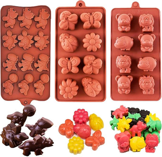 3-Pack Chocolate Molds Silicone(1.8 Inch two-bite size),Animal Silicone Molds,Moldes para gelatinas individuales.Features Bear,Dinosaur,Lion,Hippo,Bees,Ladybugs,Beetles,Butterflies,and Flowers.