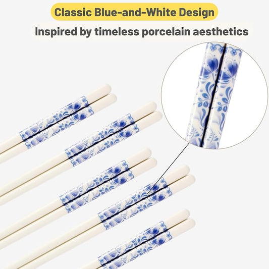 Porcelain Chopsticks Set of 5 Pairs, Reusable Bone Ceramic Chopsticks, Dishwasher Safe, Non-Slip Design, Elegant Gift Box for Family or Restaurant Use (Camellia)