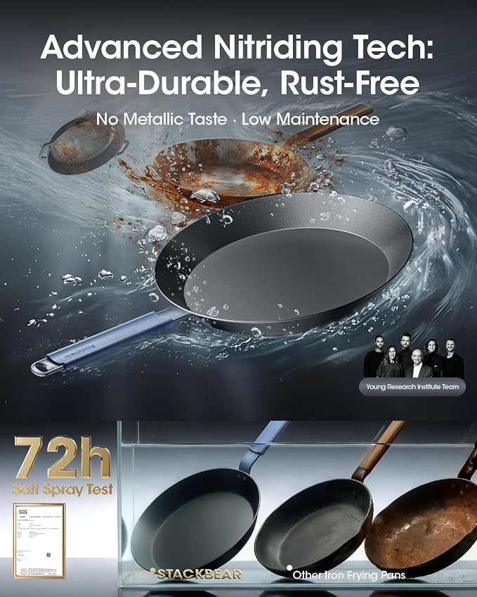 10 Inch Carbon Steel Frying Pan, Nitrided Preseasoned Skillet | Natural Patina Development with No Chemical Coating; Versatile Size for Daily Cooking & High-heat Searing