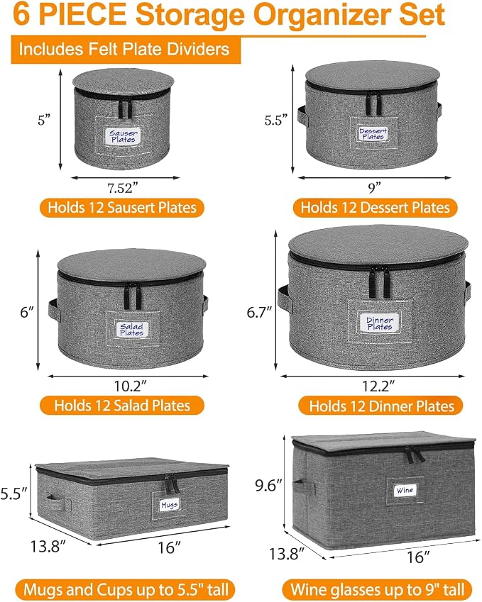 punemi China Storage Containers, 6-Piece Hard Shell Set for Moving Boxes | Mug, cup and wine glass organizers with dividers and carry handles for dinnerware, glassware and stemware, grey