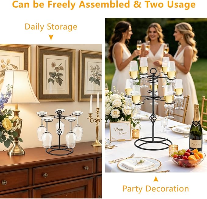 QPIX DIGITAL Wine Glass Rack 2 Tier 10 Holders Wine Glasses Stand, Black Champagne Tower Stand Countertop Tabletop Stemware Rack for Home and Bar Storage,Wine Glass Display Easy Assembly