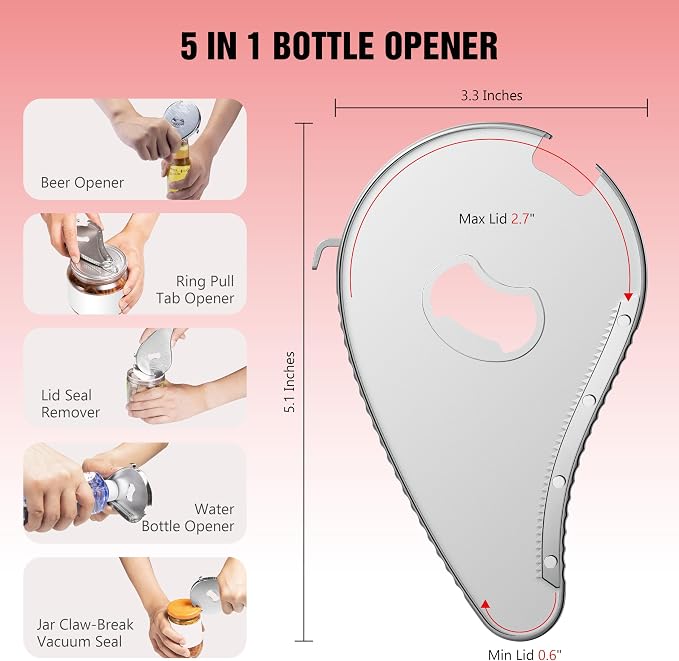 Uinxan 5 in 1 Bottle Opener for Seniors with Arthritis & Weak Hands | Opens Vacuum Seals, Water, Small Jar Lids(0.6"-2.7"), Beer Caps, Pull Tabs–Multi Portable Tool for Elderly/Women/Men (Silver)