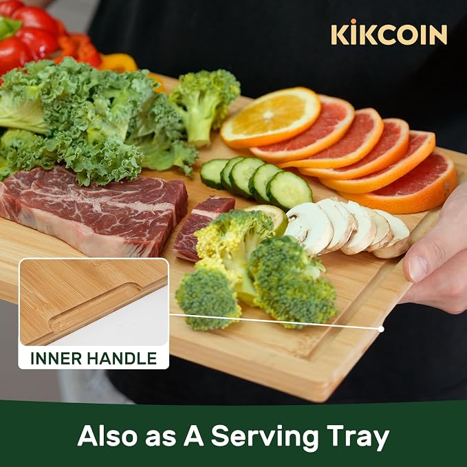 Kikcoin 24”×18” Bamboo Cutting Boards for Kitchen, Wooden Healthy Cutting Boards for Charcuterie, Vegetables, Cheese, Bread, Extra Large Chopping Boards with Deep Juice Groove and Handle, Natural