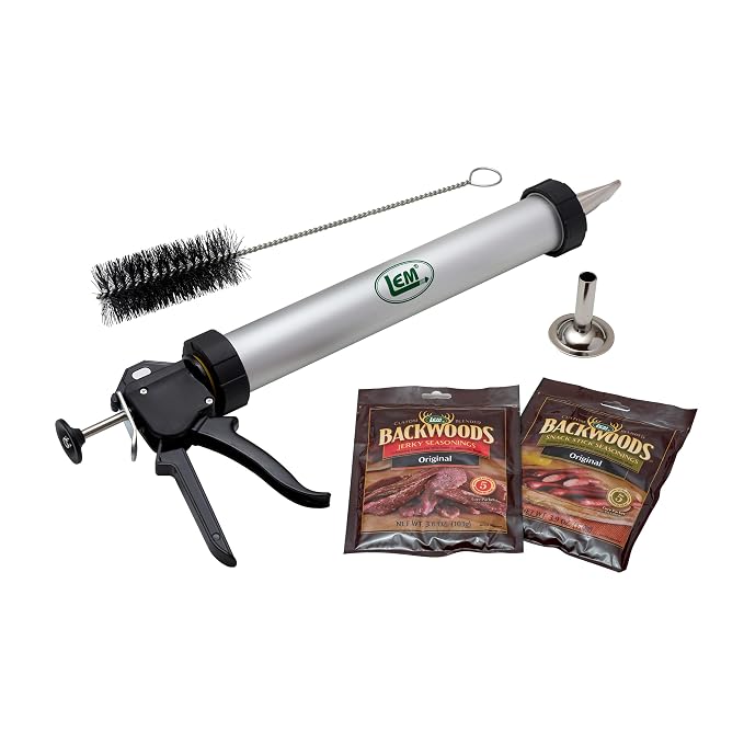 LEM Products Jerky Cannon, Anodized Aluminum Jerky Gun for Beef Snack Sticks, Meat Sticks, Includes Nozzles, Meat Seasonings, Cleaning Brush