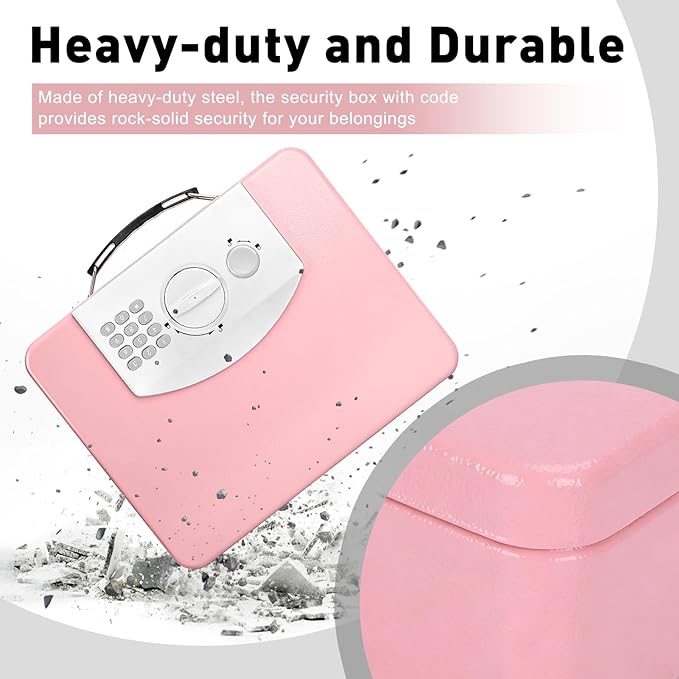 KYODOLED Pink Safe Box with Digital Keypad Lock, Lock Box with Code for Personal Items, Metal Security Box for Cash, Passport, Jewelry, Ideal for Home, Office, Garage Sale, 11.8'' x 9.4'' x 3.5''