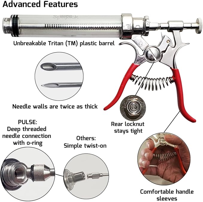 PULSE Meat Injector Gun, BBQ Meat Marinade Injector Kit for Brisket, Pork Shoulder, and Chicken, 50ml with 4 Stainless Steel Needles, Case and Guide