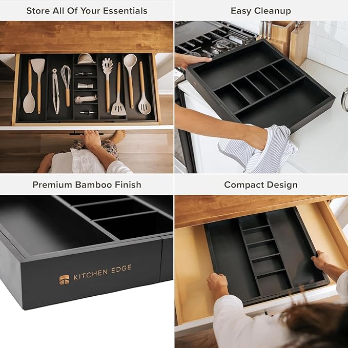 KitchenEdge Adjustable Kitchen Drawer Organizer for Utensils and Junk, Food-Safe Contract Grade with 100% Sustainable Wood, Expandable from 19 to 33 Inches Wide - Black Bamboo