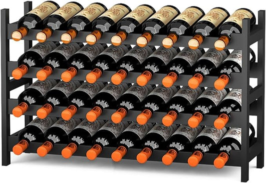 Bamboo Large Wine Rack, 4-Tier Freestanding Floor Bottle Storage Holder | 36-Bottle Storage | Wooden Wine Storage Organizer Shelves for Kitchen Bar, Cellar, & Dining Room | Black | Anti-Tip Kit
