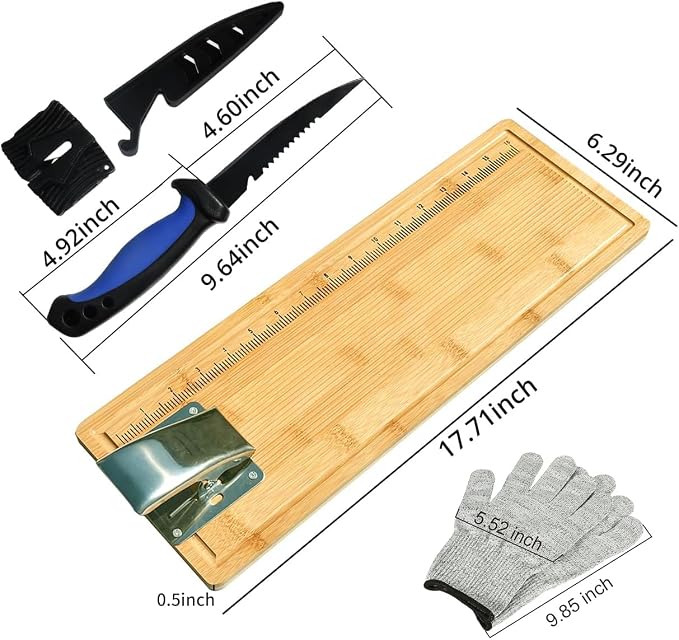 Fish Cleaning Board Kit, Fish Fillet Cutting Board Set with Clamp | 18" Bamboo Fish Cleaning Tools with Fillet Knife, Sharpener,Gloves,Anti-slip Fishing Measuring Board,Fisherman Gifts for Men