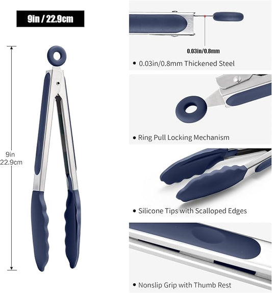 Doosu Kitchen Tongs for Cooking - 600°F Heat Resistant Food Tong with Non-Scratch Silicone Tips, Heavy Duty Stainless Steel Locking Tong for BBQ, Grilling Steak, Serving Salad Pasta (9in, Navy Blue)