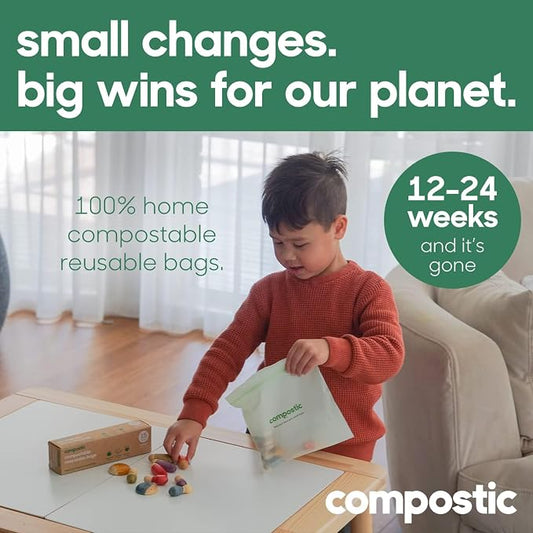 Compostic Compostable Snack Bags, Snack Size (100 Count) Everyday Essential — Resealable Zip-Seal, Plant-Based, Home Compostable, Freezer Safe, BPA-Free, Non-Toxic, GMO-Free Food Storage Bags