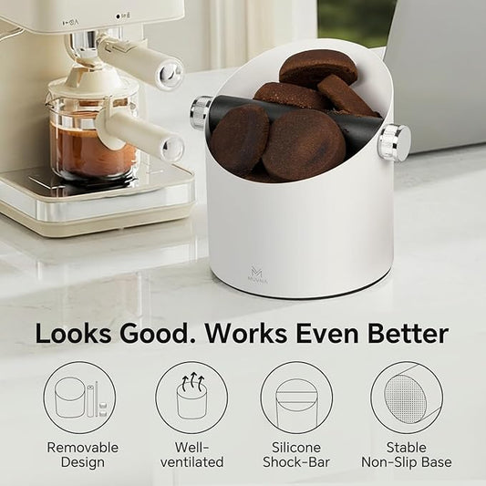 Espresso Knock Box Large Capacity - 15 Pucks Coffee Knock Box with Removable Knock Bar & Non-Slip Base, Anti-Splash Steel Coffee Puck Bin for Barista, Espresso Accessories for Home, White