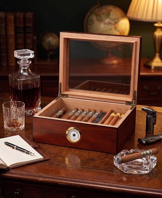 Premium Spanish Cedar Cigar Humidor – 25-50 Cuba Cigar Capacity, Sapele Cherry Finish Cigar Storage Box, Glass Top, Built-In Hygrometer & Humidifier – 10.25" W x 8.75" D x 4.5" H