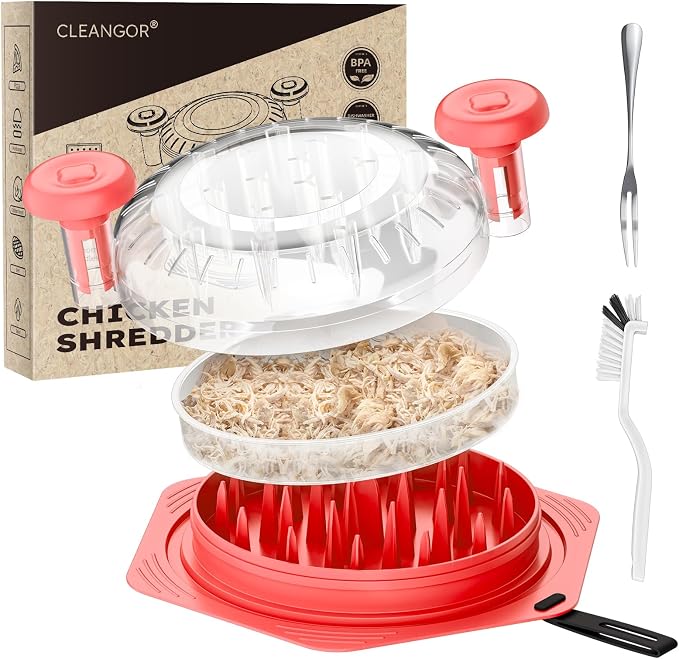 CLEANGOR Chicken Shredder Tool Twist Large, BPA Free Meat Shredder | with Ergonomic Handle, Non-Slip Food Shredder Tool for Pork, Beef, Set of Chicken Breast Shredder with Brush & Fork