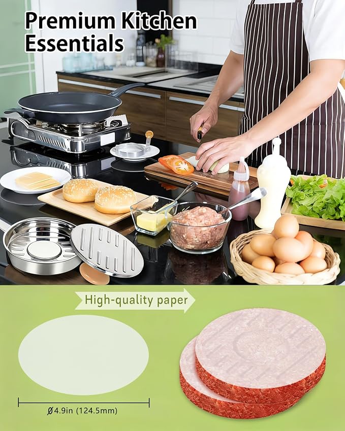 Burger Press, 5 Inch Hamburger Patty Maker in Stainless Steel | Burger Mold with Wooden Handle and Base, Includes 100 Patty Papers for Homemade Burgers, BBQ and Meal Prep
